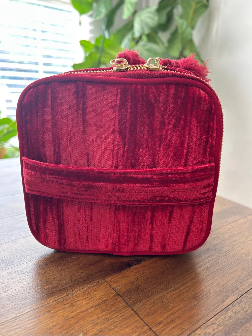 Sézane Mini Vanity Red Crushed Velvet Zip Cosmetic Makeup Case Tassel Zipper